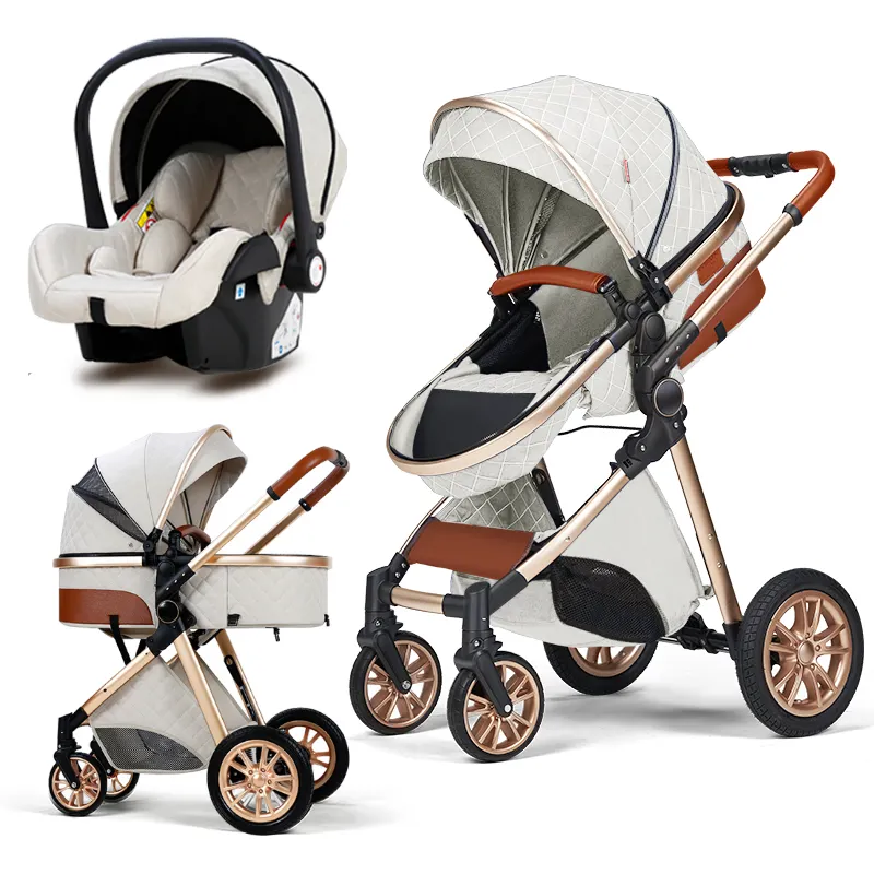 Wholesale Aluminum High Quality Leather Baby Pram V9 Luxury Travel System Baby Stroller 3 in 1