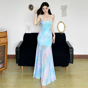 Vestido Maxi de Malla con Apliques de Encaje en Degradado Inspirado en Sirenas, con Tirantes Finos, para Mujer, Ideal para Vacaciones en la Playa o Resort - Product Image 3