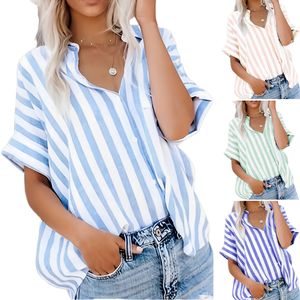 Tops con estampado de rayas de <span class=keywords><strong>lino</strong></span> de verano 2023 para <span class=keywords><strong>mujer</strong></span>, cárdigan de manga corta con botones y cuello vuelto, blusa Formal OL, camisas - Product Image 4