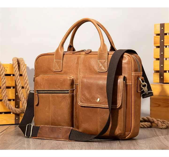 Wholesale Trendy Luxury Men's Natural Crazy Horse Leather Laptop Bags