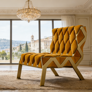 <span class=keywords><strong>Fauteuil</strong></span> <span class=keywords><strong>d</strong></span>'<span class=keywords><strong>appoint</strong></span> créatif nordique géométrique en tissu safran, base en acier doré, mobilier <span class=keywords><strong>d</strong></span>'hôtel - Product Image 6