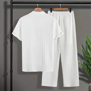 Ensemble d'été décontracté pour <span class=keywords><strong>homme</strong></span> : Chemise boutonnée à manches courtes côtelée 100 % polyester avec col de costume et pantalon long de couleur unie – <span class=keywords><strong>Style</strong></span> urbain - Product Image 2