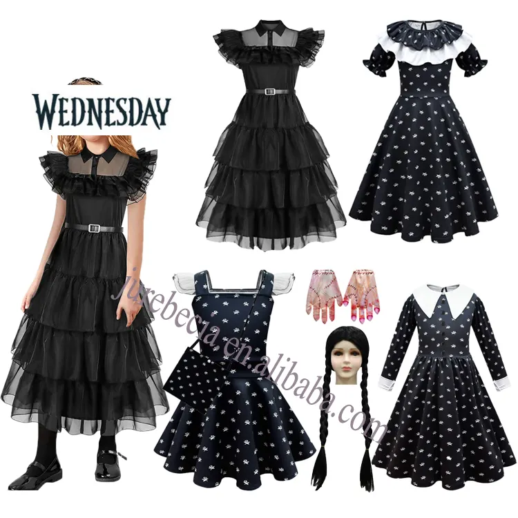 Halloween Vintage Black Gothic Children Fancy Kids Easter Carnival Wednesday Addams Family Cosplay Costume for Girls Dress