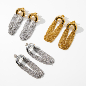 YF3990 Gioielli in Acciaio Inossidabile Placcati Oro 18k PVD, <span class=keywords><strong>Orecchini</strong></span> Lunghi a Forma di C con Due Pietre e Nappine per Donne - Product Image 1