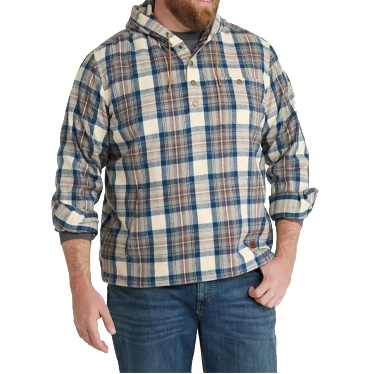 Chemises en flanelle avec logo personnalisé Chemises en flanelle à capuche en tissu de coton à manches longues pour hommes