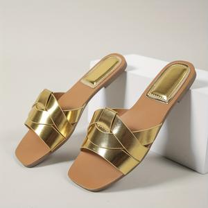 Sandales plates pour femmes Tiyo, style coréen, dorées, noires, blanches, beige clair, chaussures décontractées d'extérieur, dessus en PU, semelle en caoutchouc, mode estivale - Product Image 2