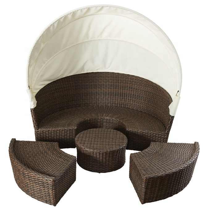 Outdoor Brown Hotel Beach Exterior Pool Wicker Aluminum Sunbed Patio Garden Round Rattan Daybed with Canopy