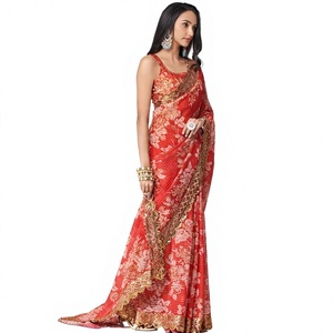 <b>Red</b> Silk <b>Saree</b> With Floral Print And Gold Embroidered Border Traditional Indian Wedding Wear For Women - Product Image 1