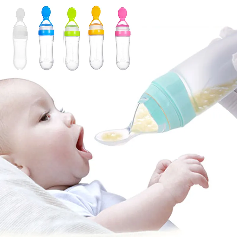 90mL Children Food Rice Paste Spoon Silicone Baby Toddler Feeding Bottle with Spoon Fresh Food Cereal Squeeze Feeder