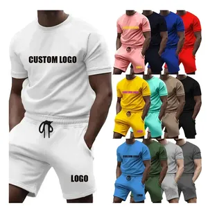 Summer men's leisure sports fitness short sleeve shorts solid color can be customized logo suit