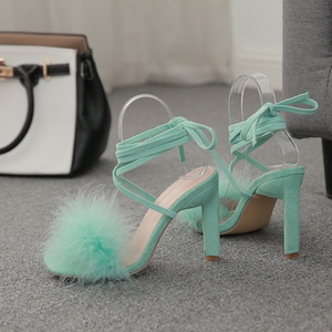 Tendy Colors Furry Escarpins Femme Talon Haut Square Toe Lace <b>up</b> Heel Women Sandals Sexy Fur Heels - Product Image 5