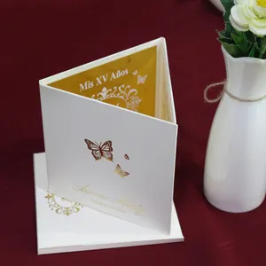 Elegant Gold Foil Butterfly Quinceanera Invite Cream Ivory Hardcover Wedding Invitation with Rsvp Card and Envelope