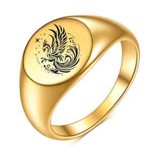 Bague Phoenix en or 18 carats, 12 mm, lisse, ronde, gravée au laser, bijou unisexe, cadeau - Product Image 1