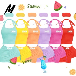 Ropa de Verano con Logotipo Personalizado para Mujer, Conjunto de Dos Piezas de Algodón, Top Corto con Cordones y Falda Pantalón Corta - Product Image 1