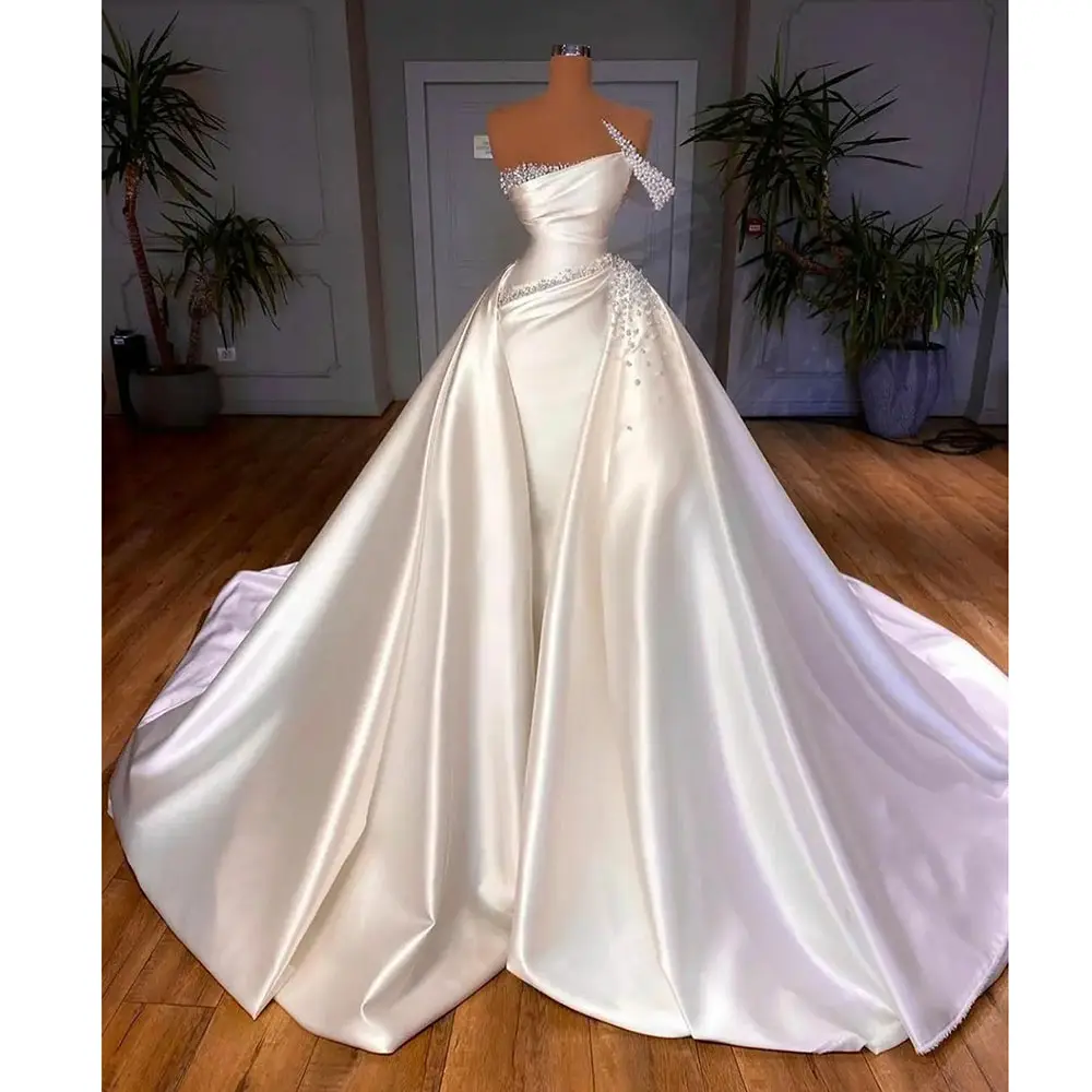 Elegante Vintage un hombro cuentas boda vestidos de novia blanco una línea árabe grande de talla grande dos en uno vestidos de novia MW525