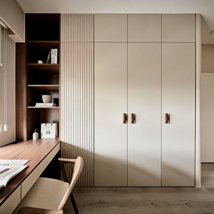 Combinación de Escritorio y Armario en Forma de L de Madera Maciza Personalizada BALOM, Muebles Modernos para Dormitorio con Estantería Abierta de Múltiples Niveles - Product Image 1