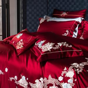 Parure de <span class=keywords><strong>lit</strong></span> haut de gamme en coton 140S brodé motif végétal 300 fils/cm², drap-<span class=keywords><strong>housse</strong></span> King Size rouge, linge de maison, taie d'oreiller - Product Image 4