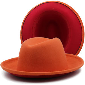 Fedora en <span class=keywords><strong>feutre</strong></span> de laine bicolore pour femmes et hommes Fedora à fond rouge 2 tons avec <span class=keywords><strong>souffleur</strong></span> à bord court plié à bord enroulé Fedoras - Product Image 6