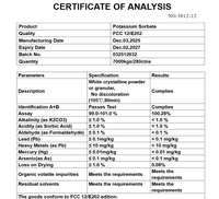 Sorbate de potassium blanc granulaire haute pureté 99% Conservateur alimentaire Prolongateur de durée de conservation 24 mois Certifié Casher Halal Marque WMK