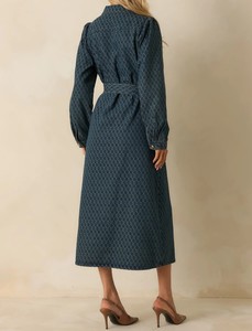 Vestido Maxi Casual Vintage Azul de Algodón Modal con Pliegue Frontal de Botones, Cintura Natural y Decoración de Cristales - Product Image 6