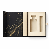 Scatola Regalo di Lusso Personalizzata in Cartone Rigido Nero con Chiusura Magnetica, Finitura Soft Touch e Stampa a Caldo Argento, Design a Libro per Profumi