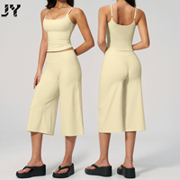 Setelan Olahraga Wanita JY Hot Selling, Warna Solid, Bahan Bernapas, Tanpa Punggung, Celana Lengan Lebar Pinggang Tinggi, Lembut Seperti Mentega, Model Capri