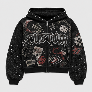 OEM Men Streetwear Hoodies 500Gsm French Terry <b>Zip</b> <b>Up</b> Vintage Wash Graphic Rhinestone Custom High Quality Men <b>Hoodie</b> - Product Image 2