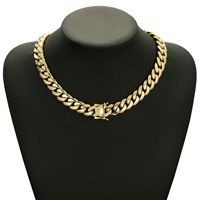 Chaîne cubaine plate en acier inoxydable plaqué or PVD 14K de 14 mm, fermoir serti de CZ, anti-ternissement, bijoux hip-hop pour hommes