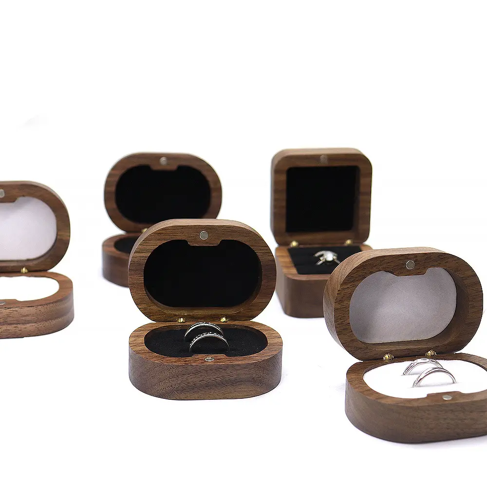 Caja de anillo de compromiso doble con logotipo personalizado Vintage DAIHE, caja de anillo de joyería de boda de madera