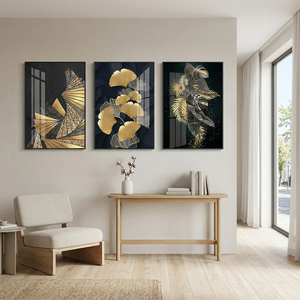 Ensemble de 3 tableaux muraux en toile à feuilles d'or, peinture botanique abstraite moderne noir et or, décoration de luxe pour salon - Product Image 2