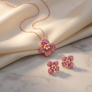 Ensemble de bijoux Xinfly pour enfants en or massif 18 carats avec saphir rose naturel et diamants, pendentif trèfle, boucles d'oreilles, cadeau romantique AU750 - Product Image 1