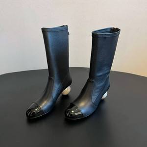 Botas de Mujer al por Mayor con Logotipo Personalizado, Diseño Colorblock, Perlas, Cuero Genuino, Invierno, Otoño, Cierre de Cremallera, Tacón Grueso, Aumento de Altura, Media Pantorrilla, Formales - Product Image 2