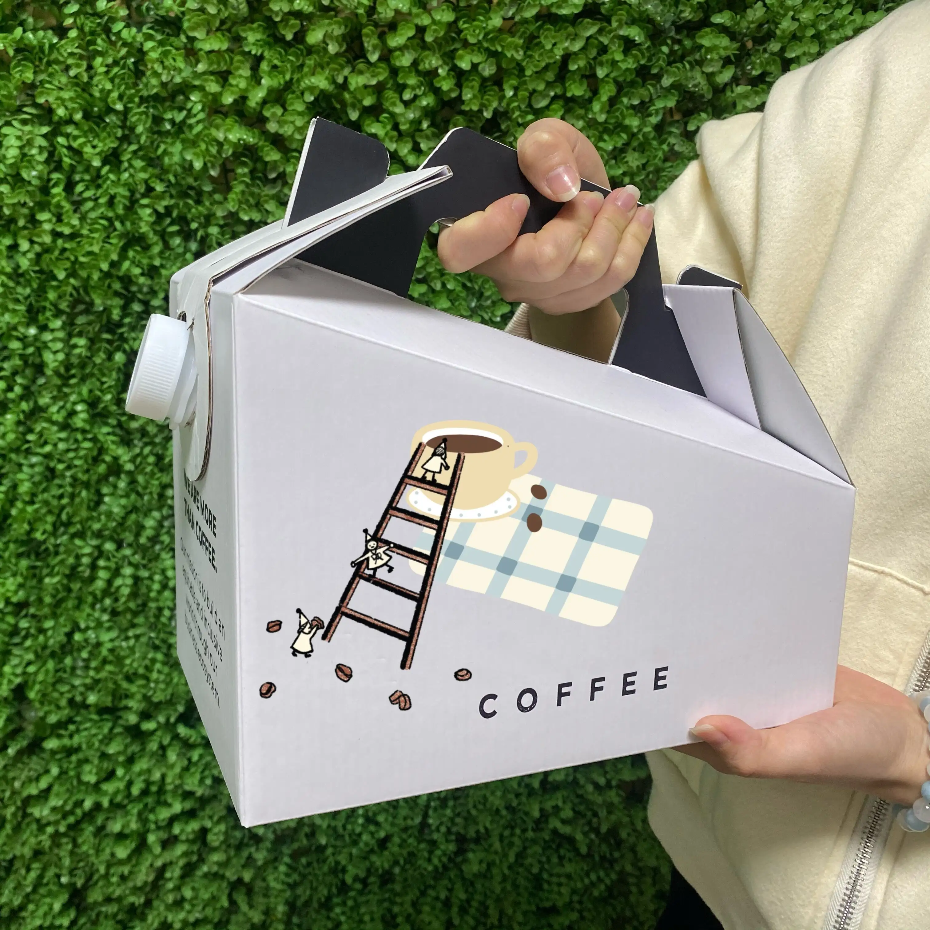 AT PACK 2023 New Arrivals Custom Printed Seaside Coffee Box With Aluminum Foil Bags 3L Kraft Paper Coffee To Go Box WIth Handle