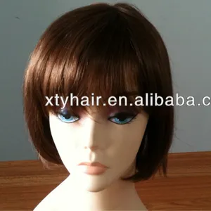 aliexpress hair 100% synthetic hair wig with fringe machine made brown color mono top soft PU welded breathing cap for women