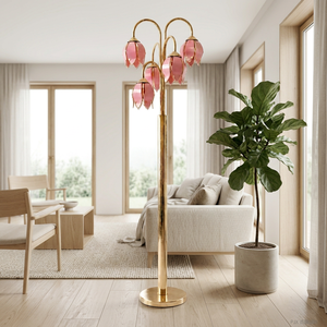 Lampe sur pied en verre rose avec base plaquée or - Luminaire sur pied avec douille E26 - Product Image 1