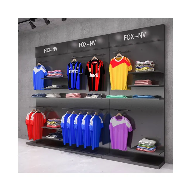 Atacado de roupas esportivas masculinas para loja de roupas, design de interiores, acessórios pretos personalizados, prateleira de exposição de roupas esportivas para loja de roupas