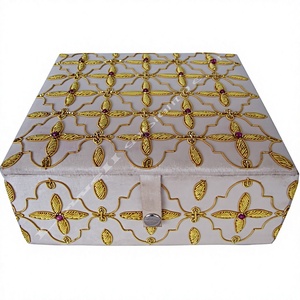 Handmade Designer Brass Inlay <b>Rectangular</b> Embroidered Box Cotton Fabric Gold Floral Pattern Purple Beads for Home Decoration - Product Image 2