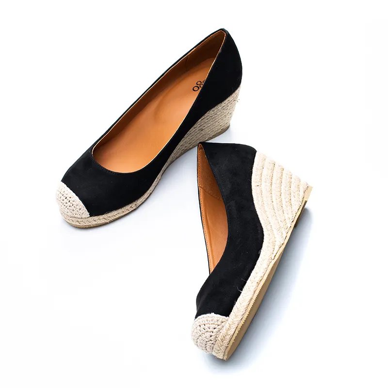 Fashion and comfortable lady basic microfiber peep toe soft pu lining and insole espadrilles wedge shoes
