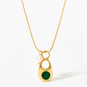 2023 Wholesale Pull <b>Ring</b> Pendant Green Gemstone Stainless Steel 18k Gold Plated Women's Clavicle Zircon Pendant <b>Necklace</b> - Product Image 6