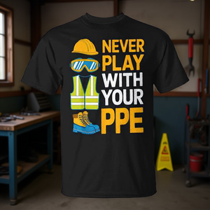 Camiseta Never Play With Your PPE con diseño de equipo de trabajo mecánico - Product Image 3