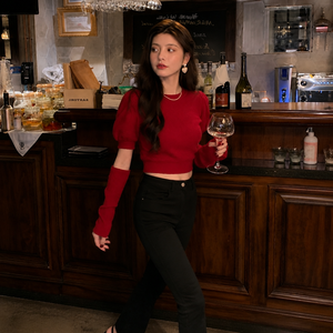 Viral Influencer Favorite New Arrival Y2K Style Wine <b>Red</b> Round Neck Puff Sleeve <b>Cropped</b> Knit <b>Top</b> with Arm Cuffs for Date Night - Product Image 3