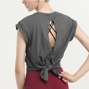 Camiseta de yoga para mujer al por mayor, con espalda abierta y lazo, 2 formas de uso, ajuste holgado, secado rápido, transpirable, para entrenamiento, correr y gimnasio - Product Image 3