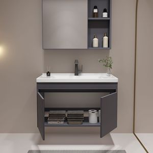 Meuble-lavabo mural moderne gris pour salle de bain avec miroir et rangement, idéal pour hôtels et maisons (vente en gros) - Product Image 2