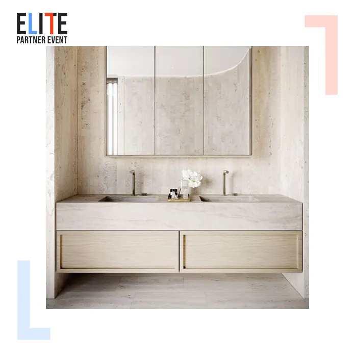SHIHUI lavabo en pierre beige naturelle lavabo mural flottant en marbre lavabo en travertin vanité double éviers