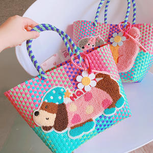 Handmade Basket <strong>Bag</strong> Cute Dog Applique Tote Multi-Color Handbag Summer Vacation <strong>Straw</strong> <strong>Beach</strong> <strong>Bag</strong> for Woven Gift Basket <strong>Bag</strong> - Product Image 3