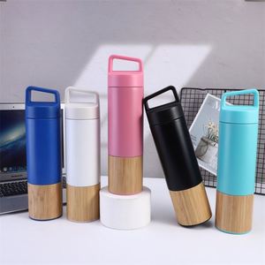 Termo de Acero Inoxidable de Doble Pared con Aislamiento, Diseño Recto, con Asa, para Agua y Café, Botella de Agua de Bambú con Asa, Ideal para Regalo - Product Image 1