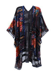 Jiyun <span class=keywords><strong>Kimono</strong></span> en velours burnout pour femmes <span class=keywords><strong>Cardigan</strong></span> extra long pour dames couvrir avec pompon fleur noire sans pompon - Product Image 2