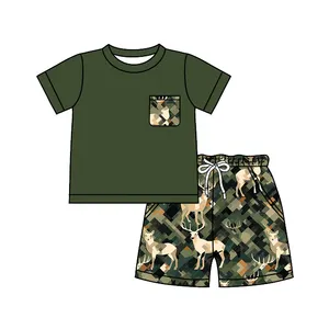 Preorder boutique summer hunting elk camo print boy's t-shirt shorts 2 pcs set brother clothes buttons shirt baby boys clothing