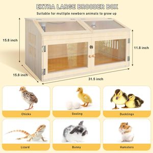 Große Hühneraufzuchtbox aus Holz mit Schiebefach, 32 Zoll breit, Heizlampe, Thermometer, vollständig zu öffnende Ober- und Vordertür, Acryl-Sichtfenster - Product Image 6
