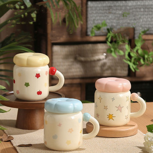 Tasse en céramique pour filles, motif étoile et pomme, pour lait, café, petit-déjeuner, usage domestique - Product Image 2